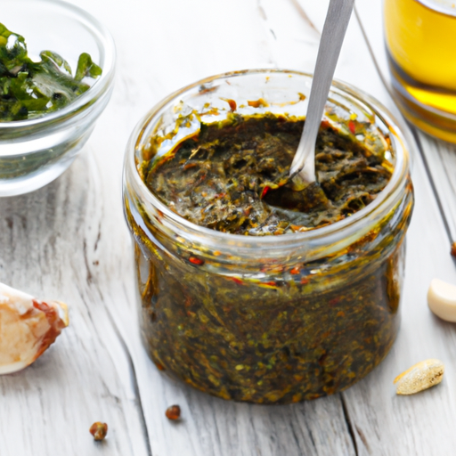 Homemade chimichurri sauce in a glass jar ready to be used for marinating steak