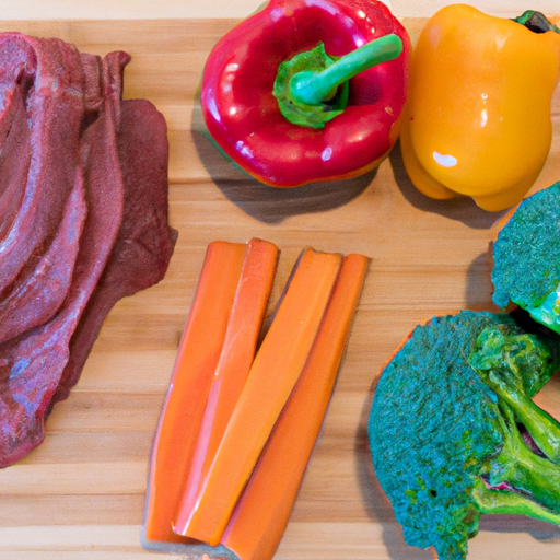 Fresh ingredients including flank steak, bell peppers, broccoli, and carrots laid out on a wooden cutting board